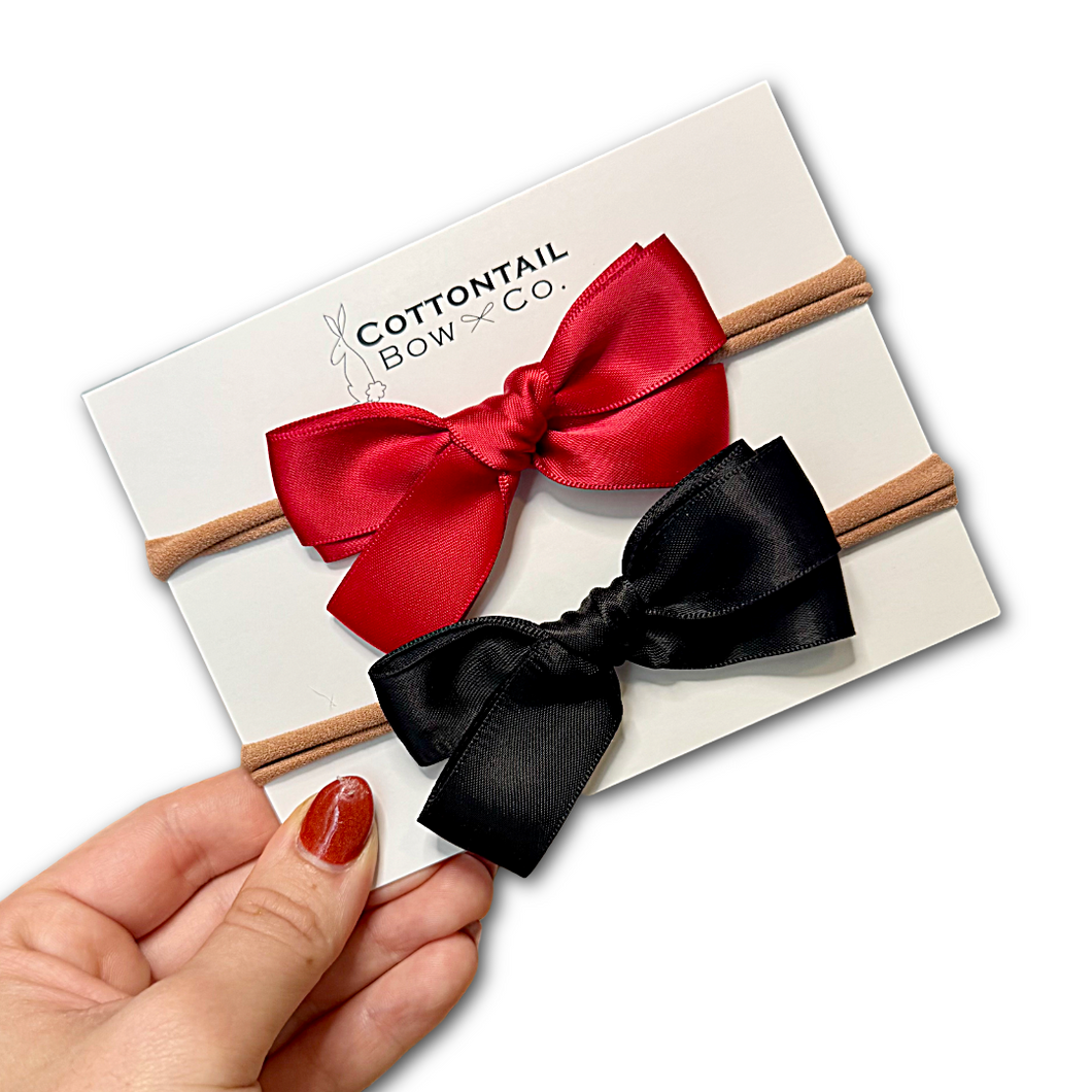 Mini Maeve Satin Bow Set of Two | Black and Red | Nylon Headbands